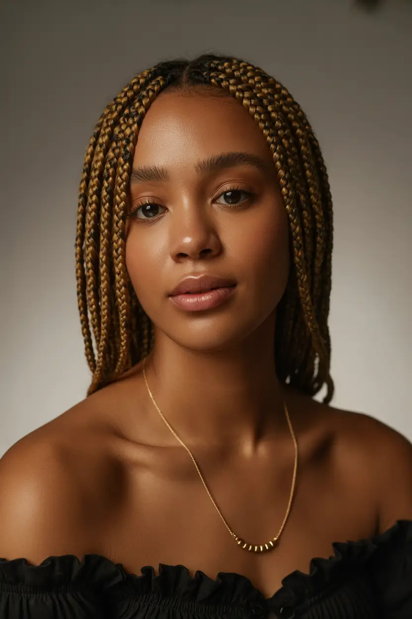 braids hairstyle - Honey-Bronze Bob Braids With a Soft Glow