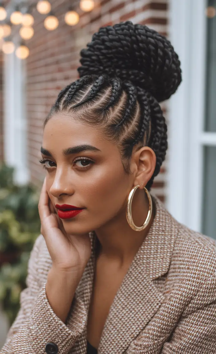 braids hairstyle - Elegant High Twist Bun With Sculpted Cornrow Base