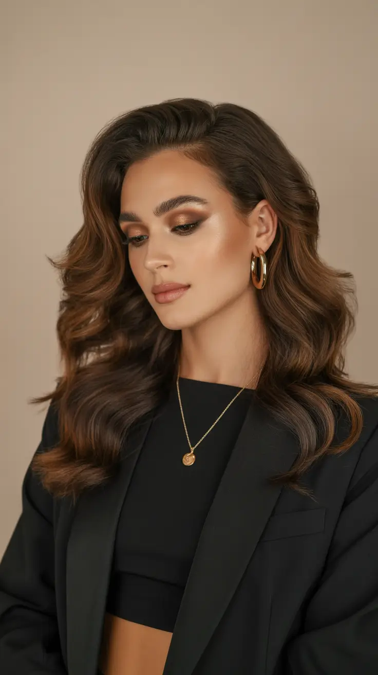 Hairstyles ideas Dimensional Brunette Waves With Soft Glam Shine