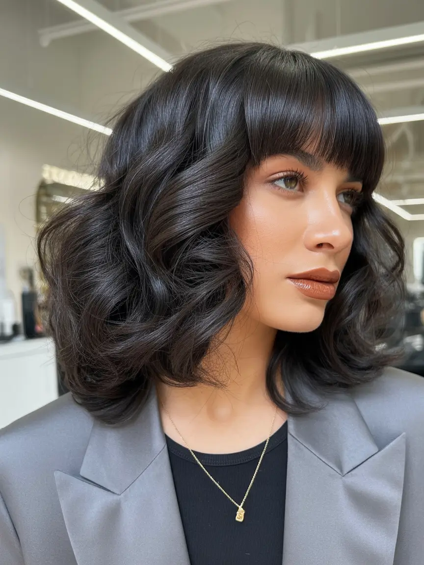 Hairstyles ideas Glossy Dark Waves With Soft Fringe Movement