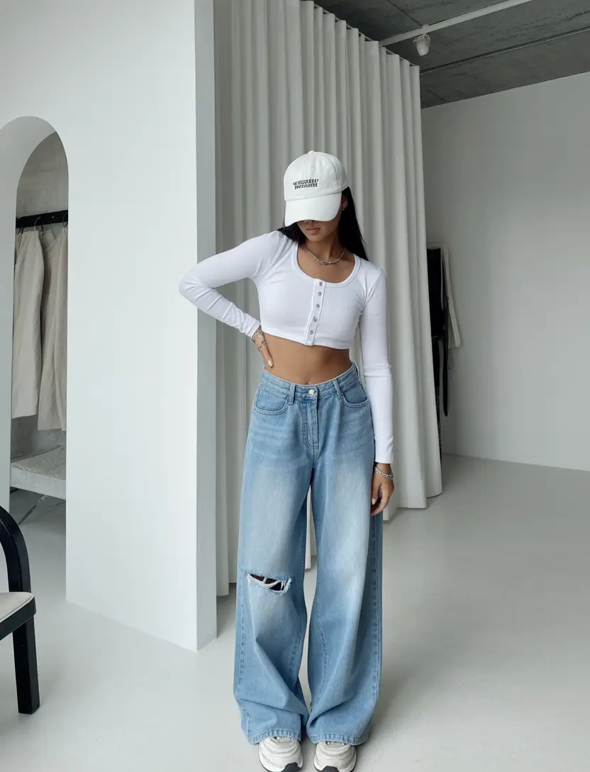 jeans outfits Clean White Top with Relaxed Ripped Denim
