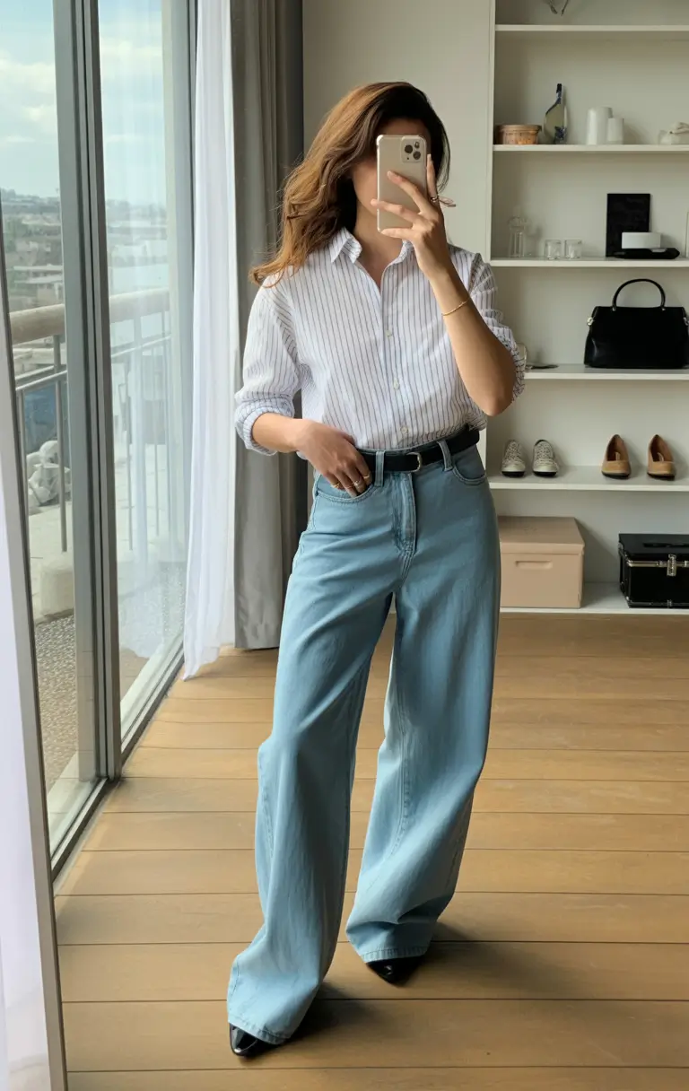 jeans outfits Soft Tailoring with Light Blue Wide Leg Denim