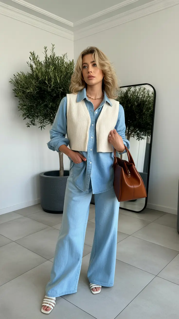 jeans outfits Layered Denim with Soft Neutrals and Volume