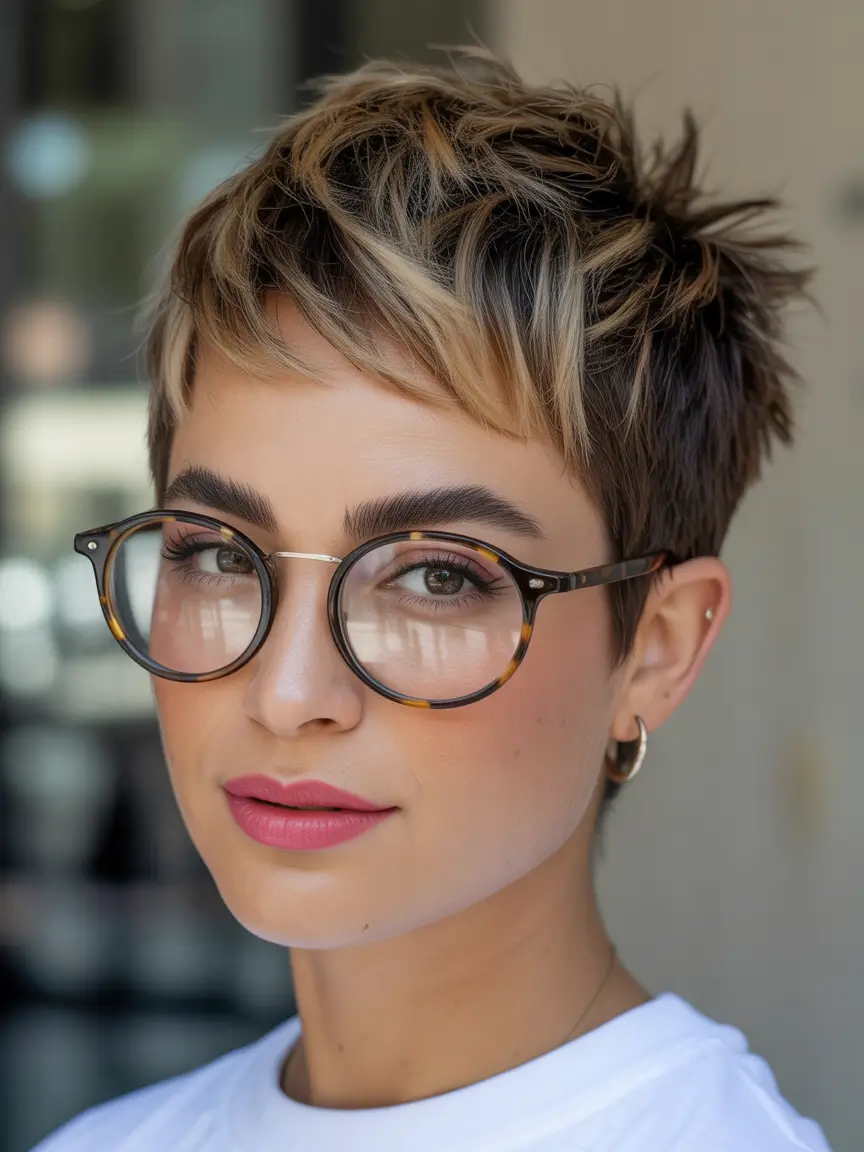 short hairstyles Warm Brunette Pixie with Framing Highlights