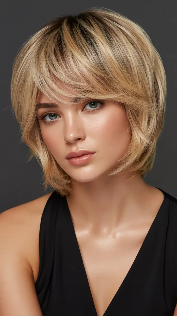 short hairstyles Feathered Blonde Halo Bob