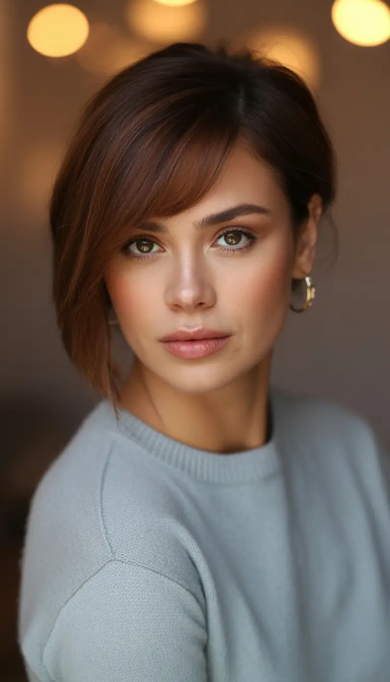 short hairstyles Soft Brunette Bob with Side-Swept Bangs