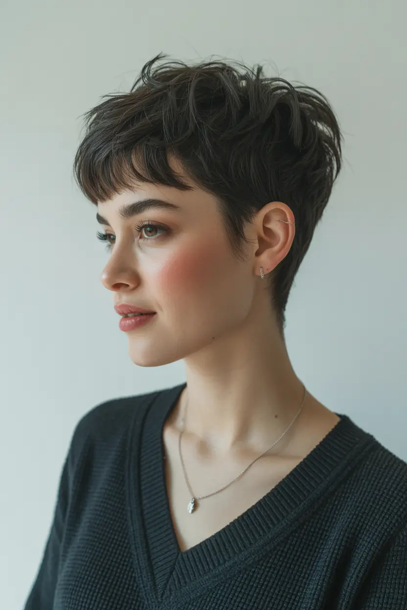 short hairstyles Messy Dark Pixie with Baby Fringe