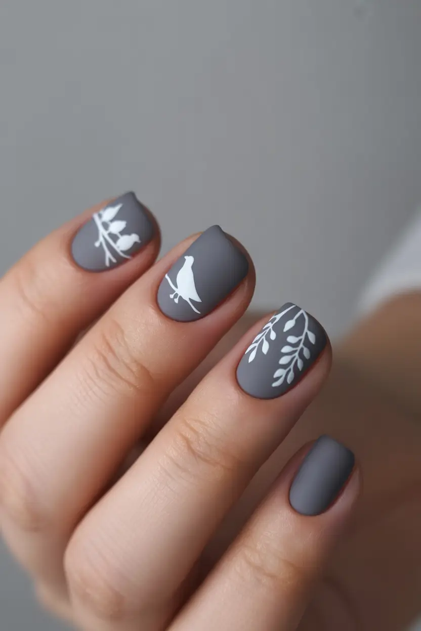 short nails Matte Gray Botanical Minimalism