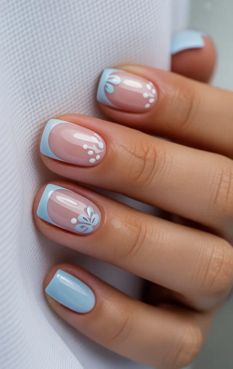 short nails Soft Blue French Floral Design