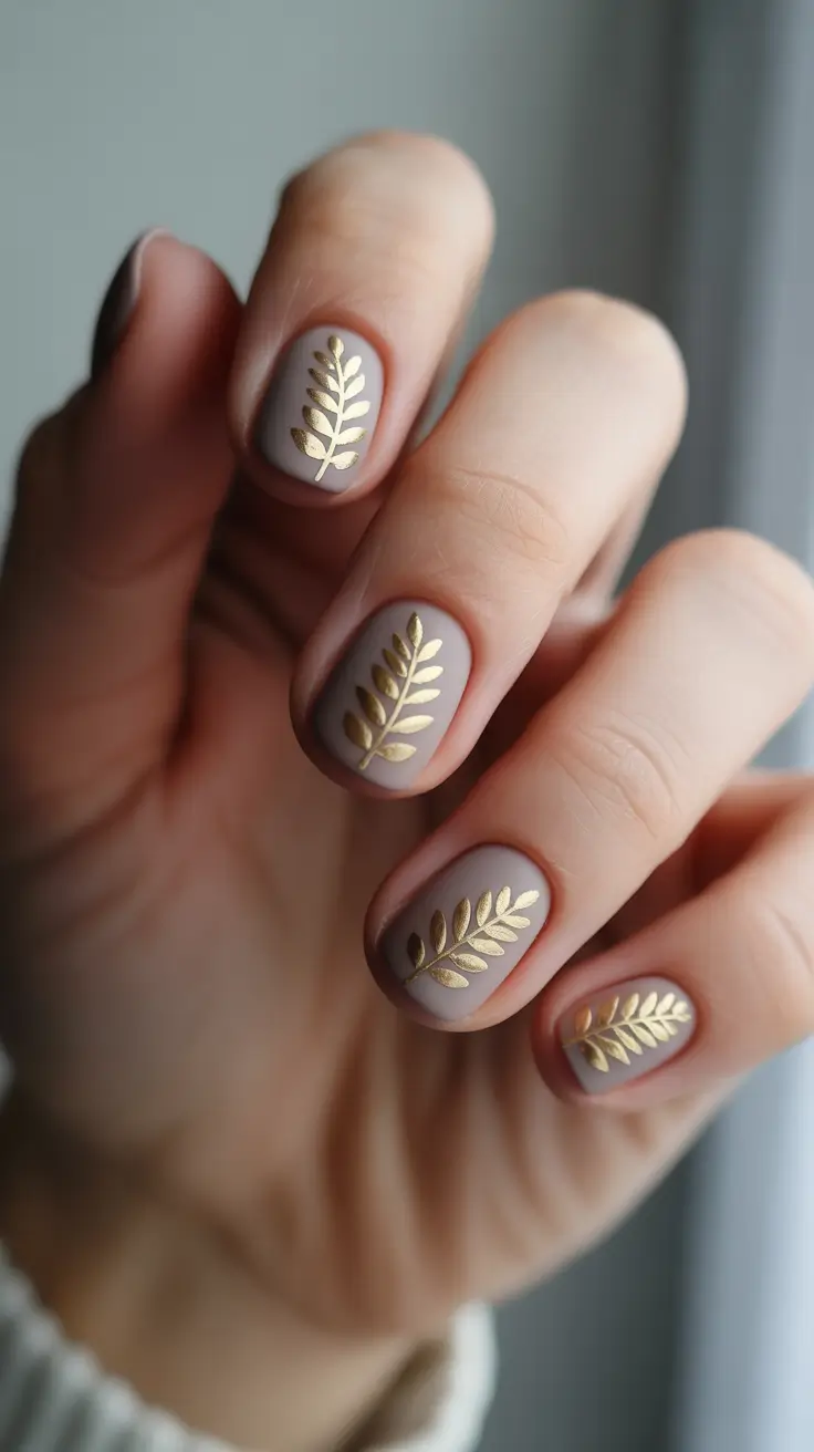 short nails Matte Taupe Gold Botanical Design
