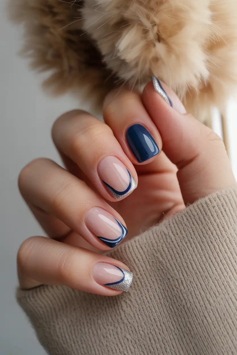 short nails Navy French Silver Tips
