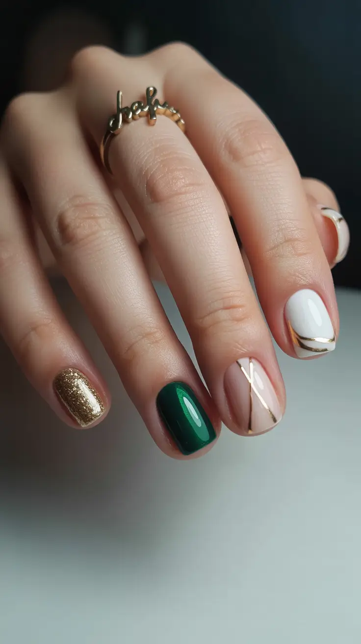 short nails Mixed Neutral Green Gold Design