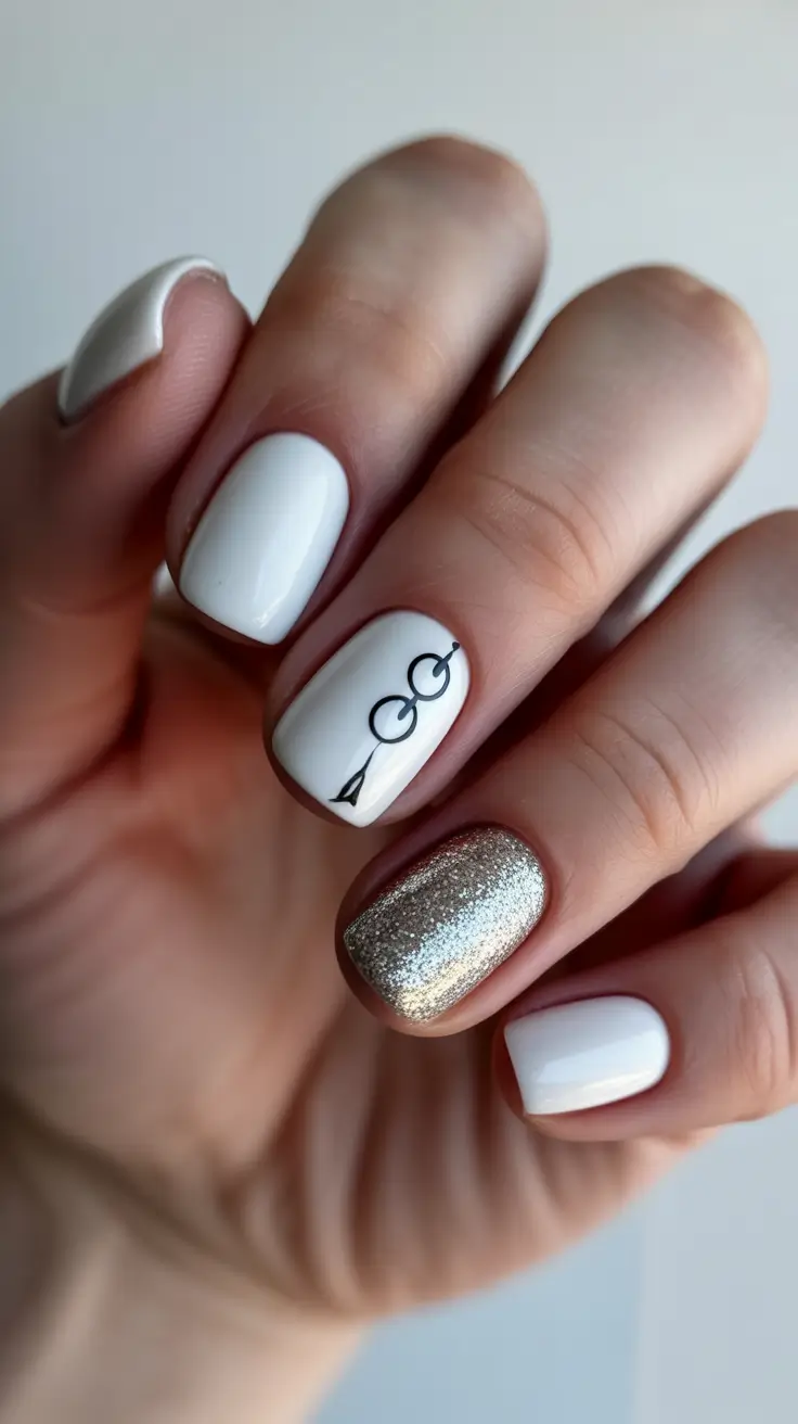 short nails White Graphic Line Design