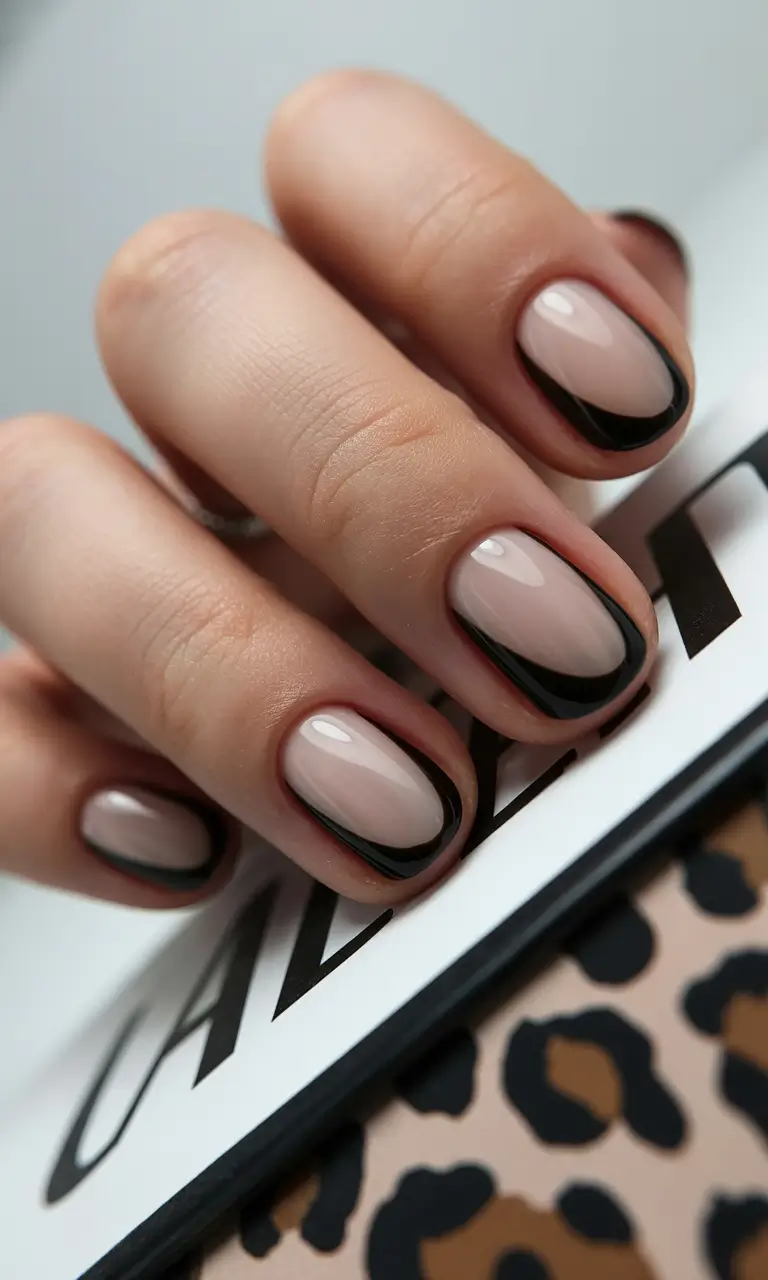 short nails Nude Black Outline French