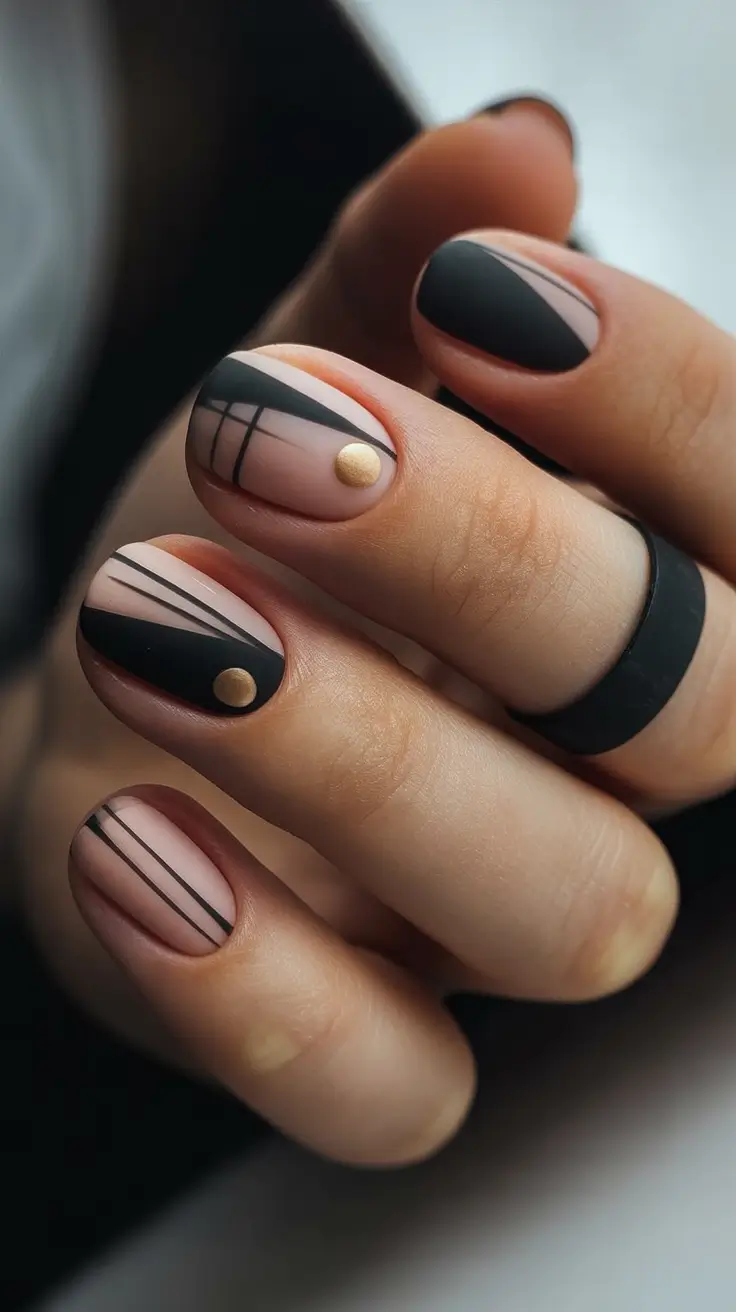 short nails Nude Black Gold Geometric Design
