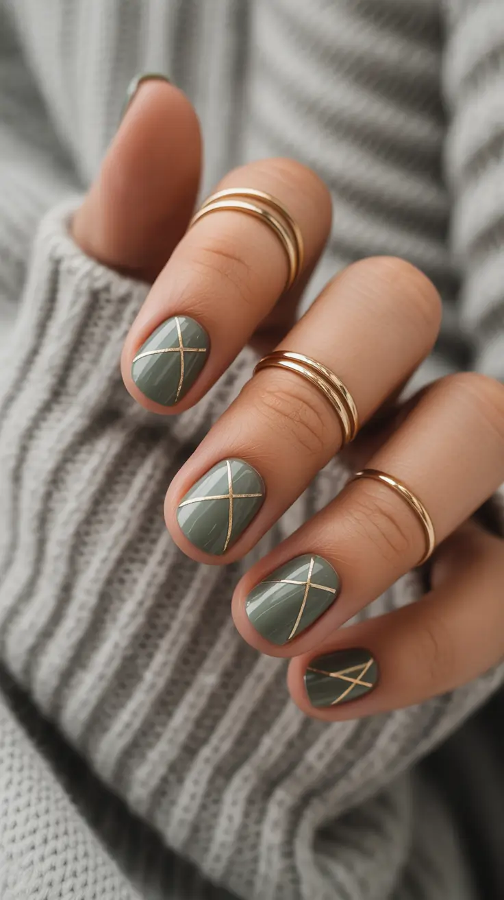 short nails Green Gold Cross Line Design
