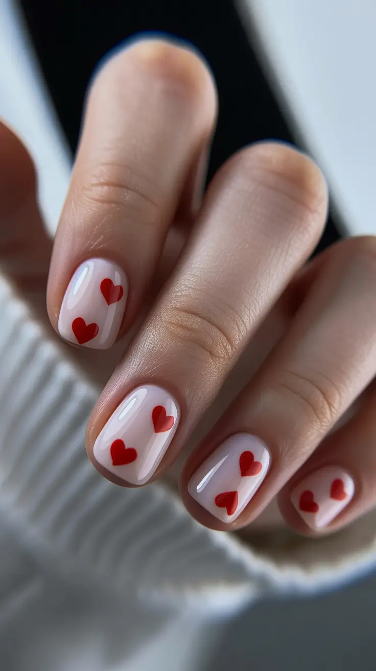 short nails Nude Red Heart Design