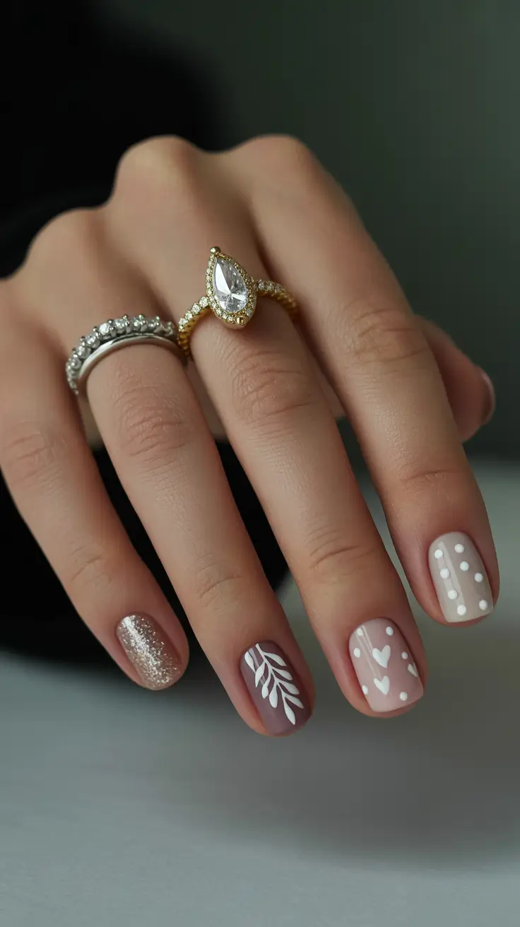 short nails Nude Glitter Heart Design