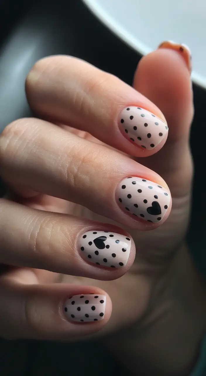 short nails Polka Dot Heart Design