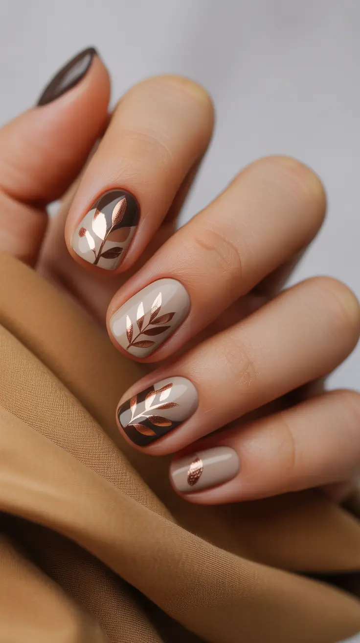 short nails Beige Metallic Leaf Design