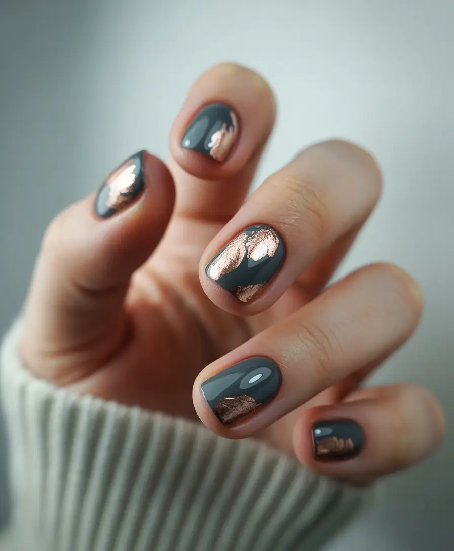 short nails Deep Gray Copper Accents