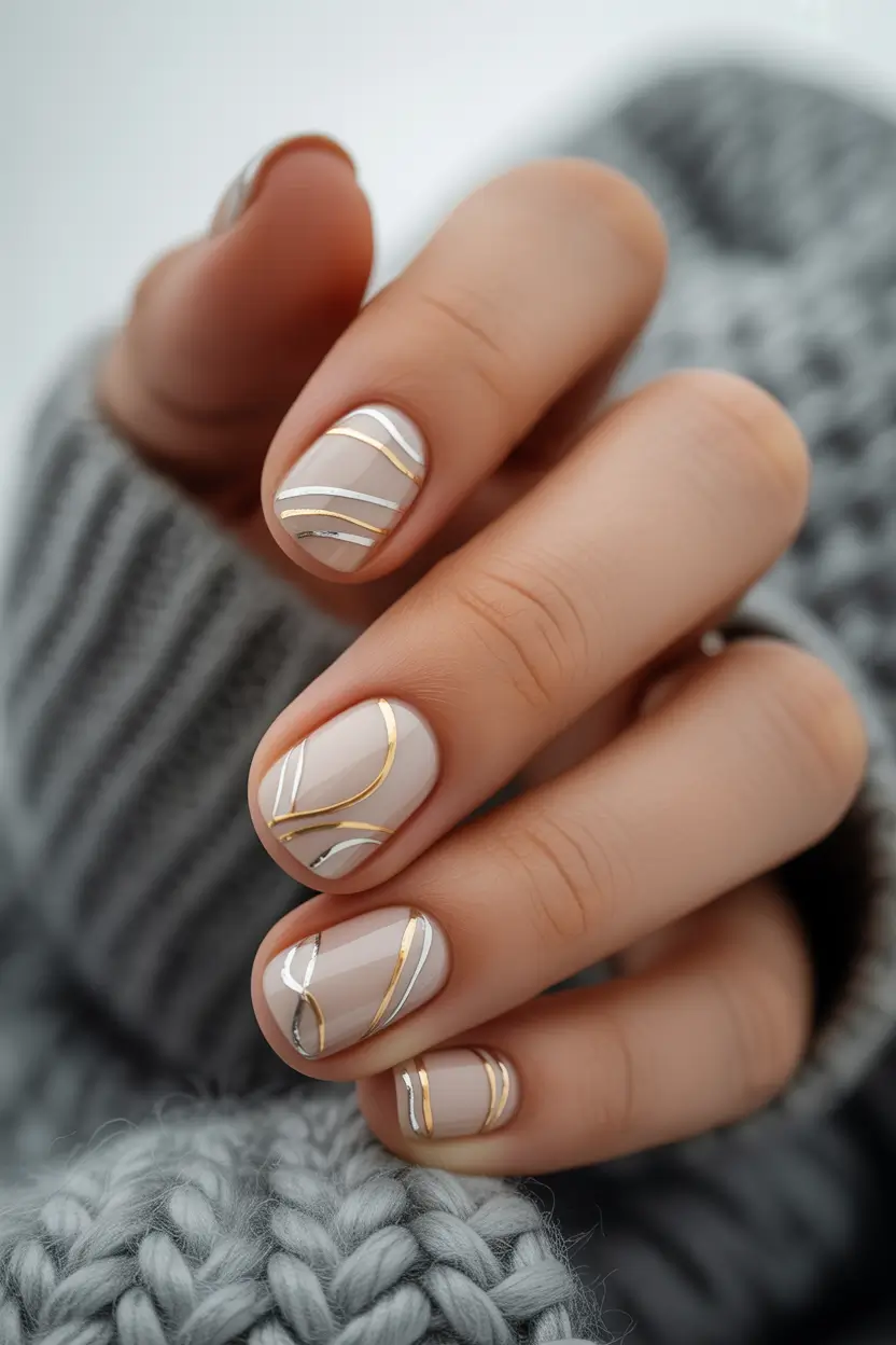 short nails Beige Gold Line Minimalism