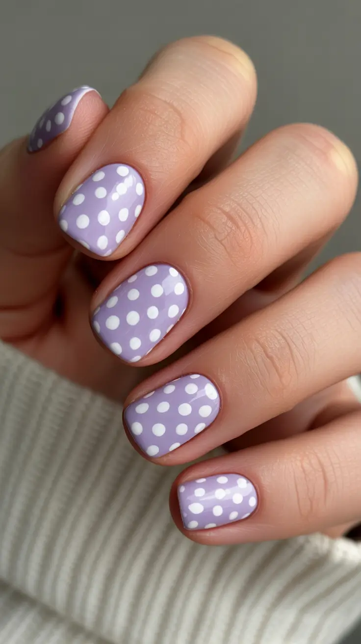 short nails Lavender Polka Dot Design