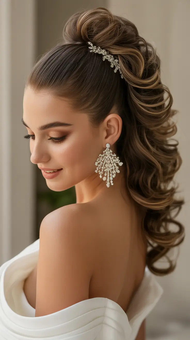 wedding hairstyle High Ponytail with Glamorous Volume