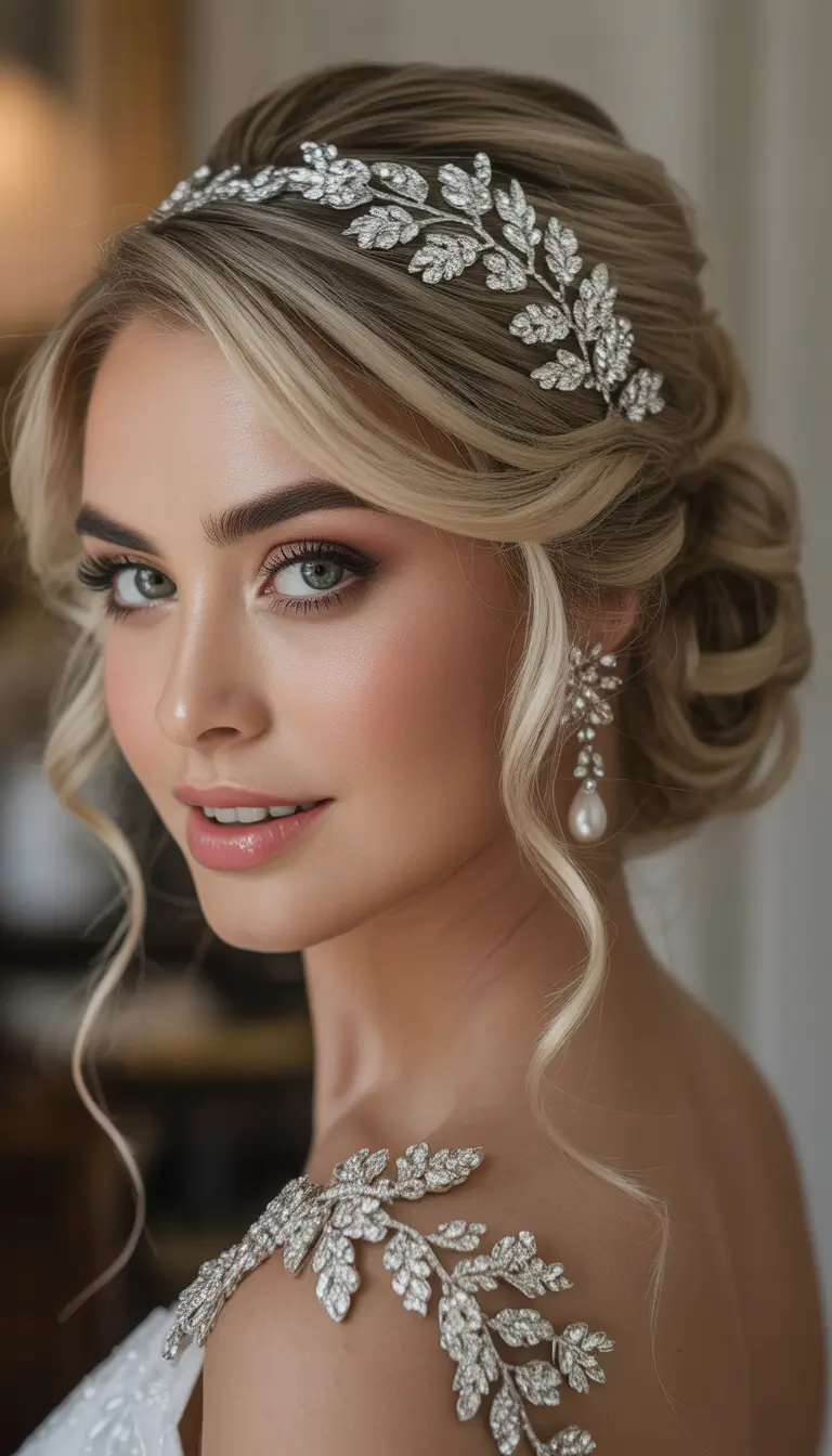 wedding hairstyle Low Chignon with Silver Leaf Headpiece