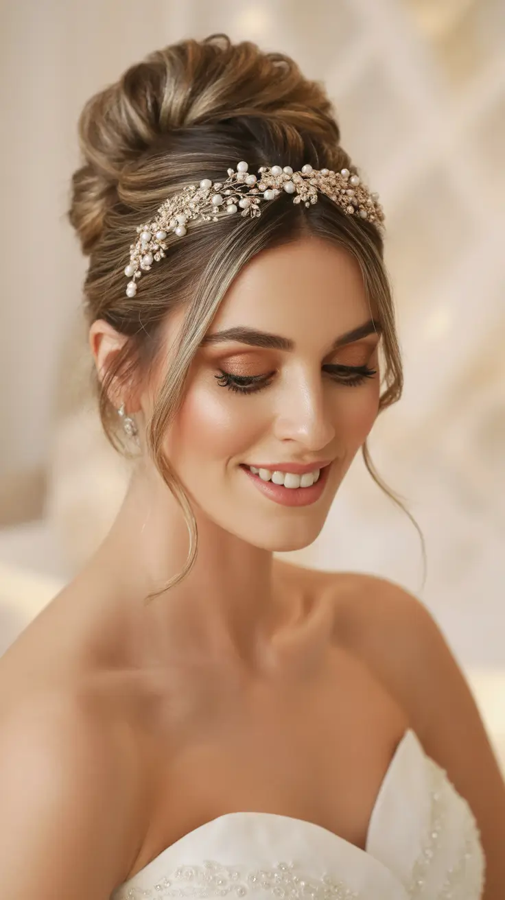 wedding hairstyle High Bridal Bun with Pearl Crown