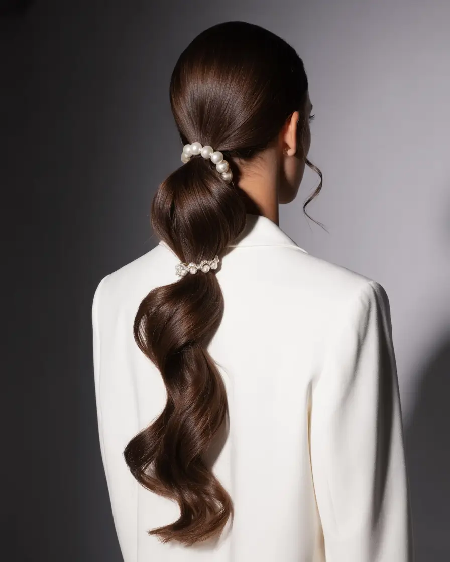 wedding hairstyle Sleek Low Ponytail with Pearl Accents
