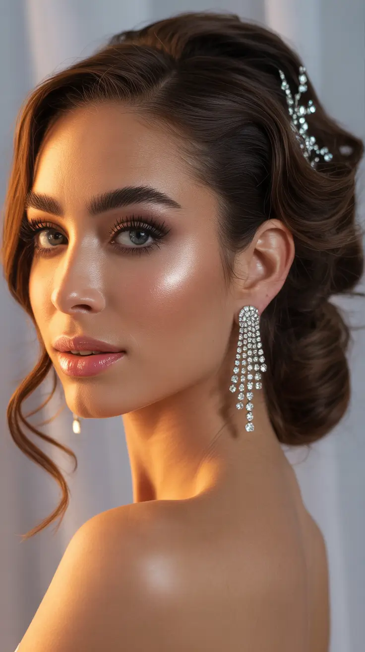 wedding hairstyle Soft Side Updo with Crystal Details