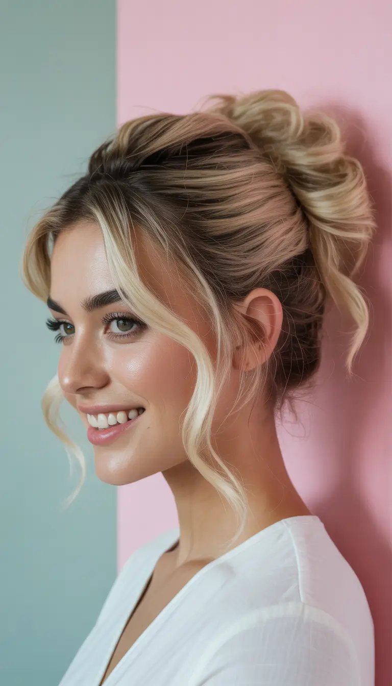 wedding hairstyle Relaxed High Bun with Soft Face Framing Pieces