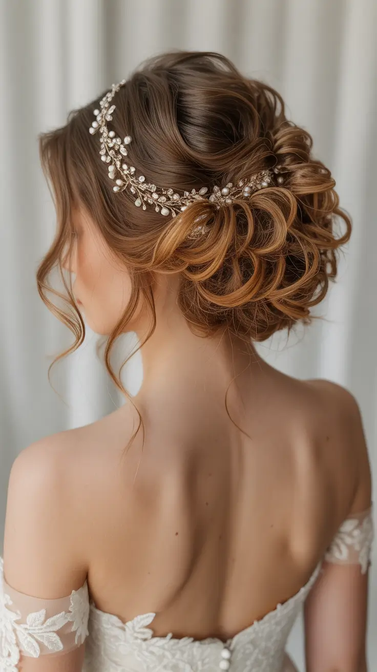 wedding hairstyle Textured Low Updo with Pearl Vine