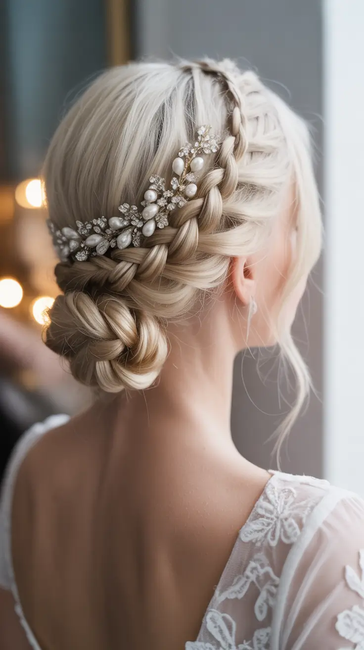 wedding hairstyle Braided Low Bun with Pearl Embellishments