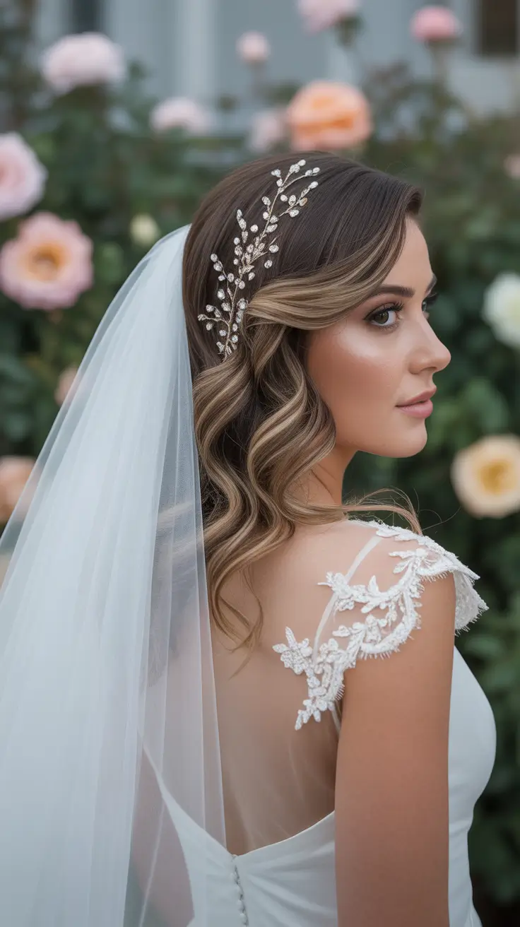 wedding hairstyle Soft Half Up Waves with Veil