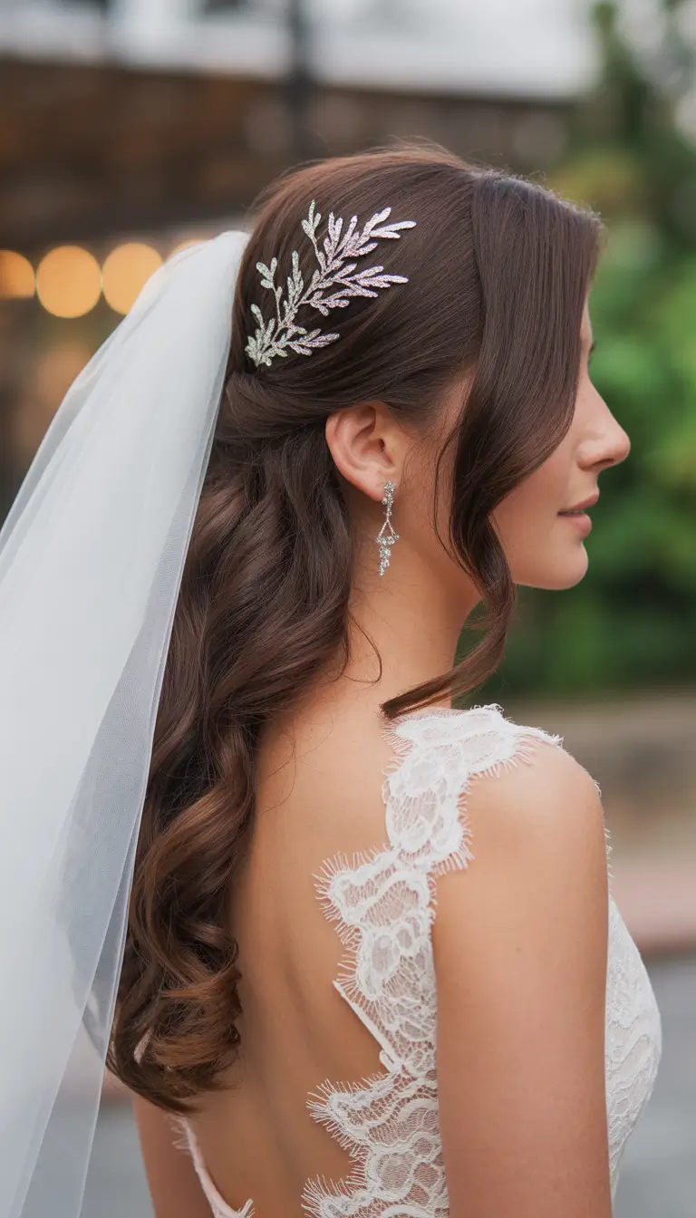 wedding hairstyle Classic Side Waves with Botanical Hairpiece