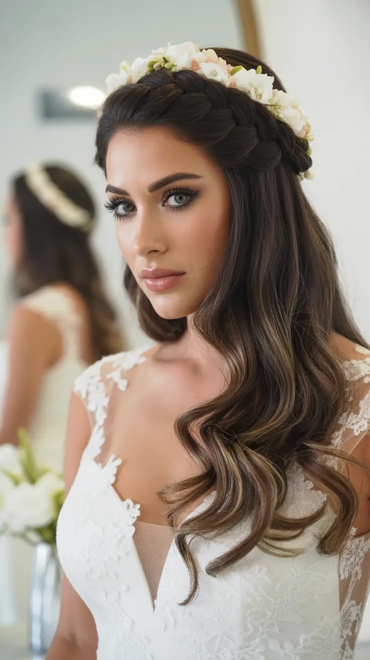 wedding hairstyle Floral Crown Half Up