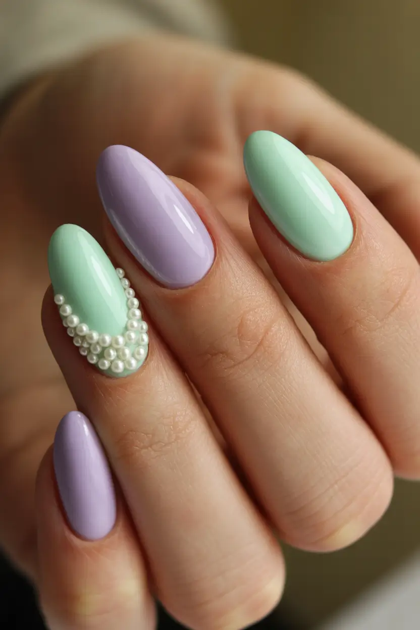 cute nails Pastel solids with pearl embellishment
