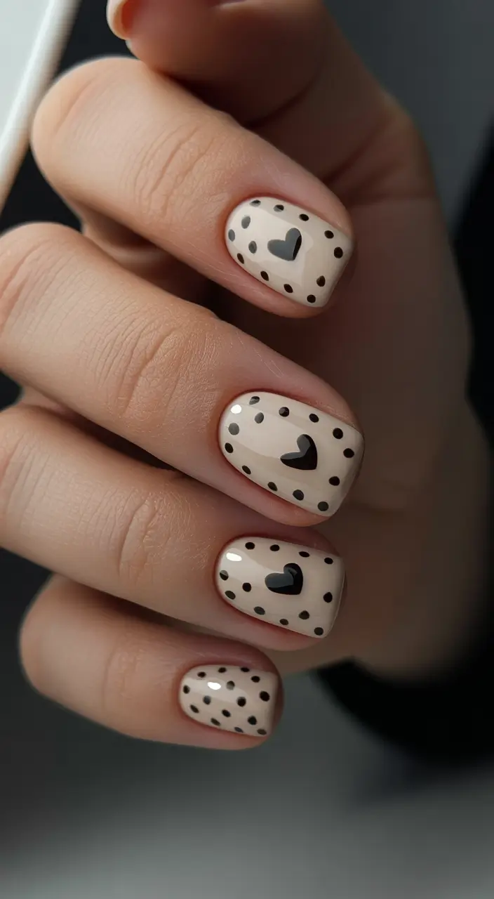 cute nails Minimal hearts with playful dots