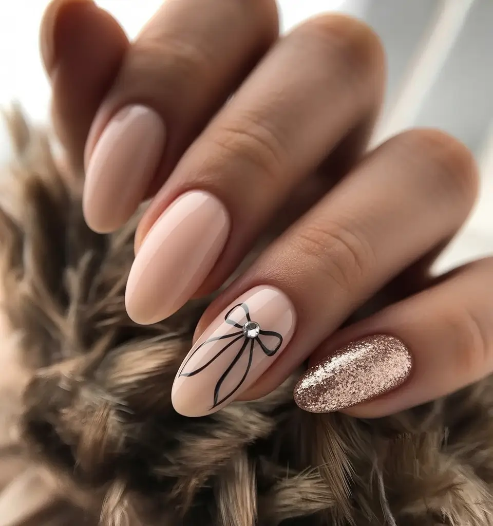cute nails Neutral blush with delicate bow accent