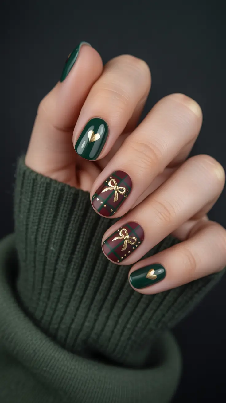 cute nails Deep green with gold accents and cozy vibes