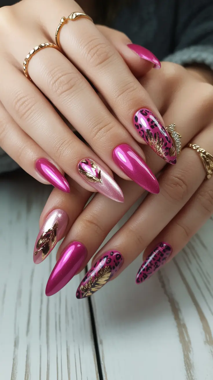 cute nails High-gloss pink with metallic leaf details
