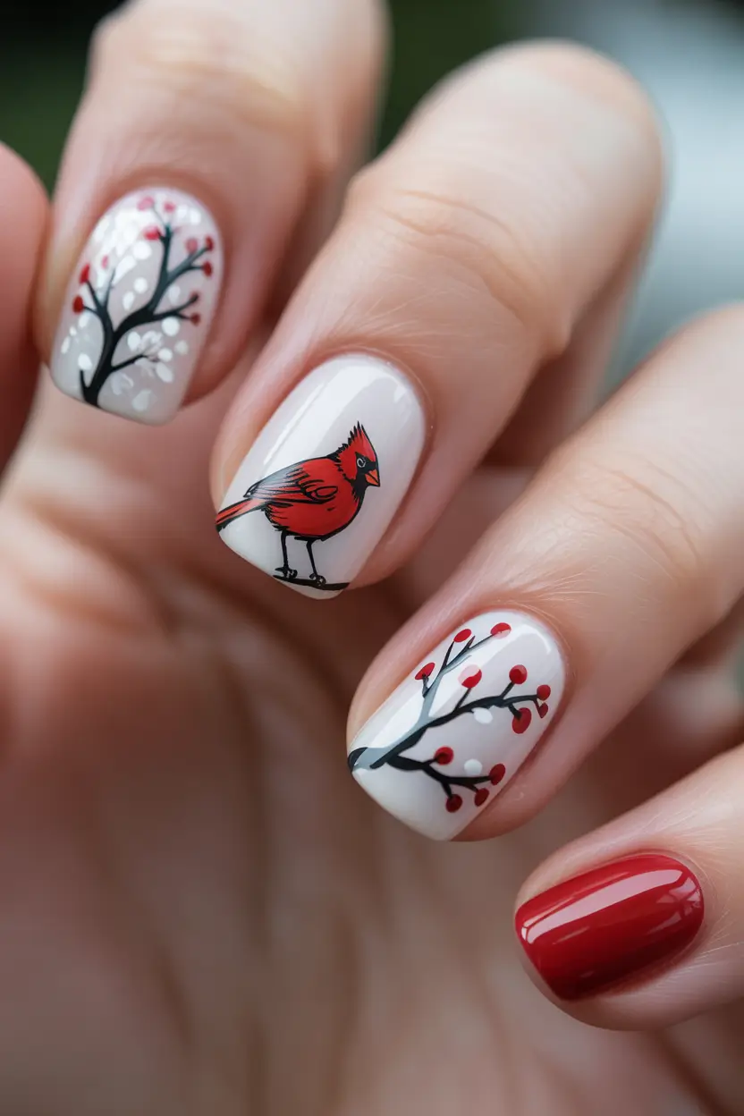 cute nails Whimsical winter art with a bold red accent