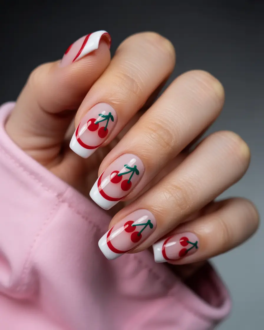 cute nails Playful cherry French with a retro twist