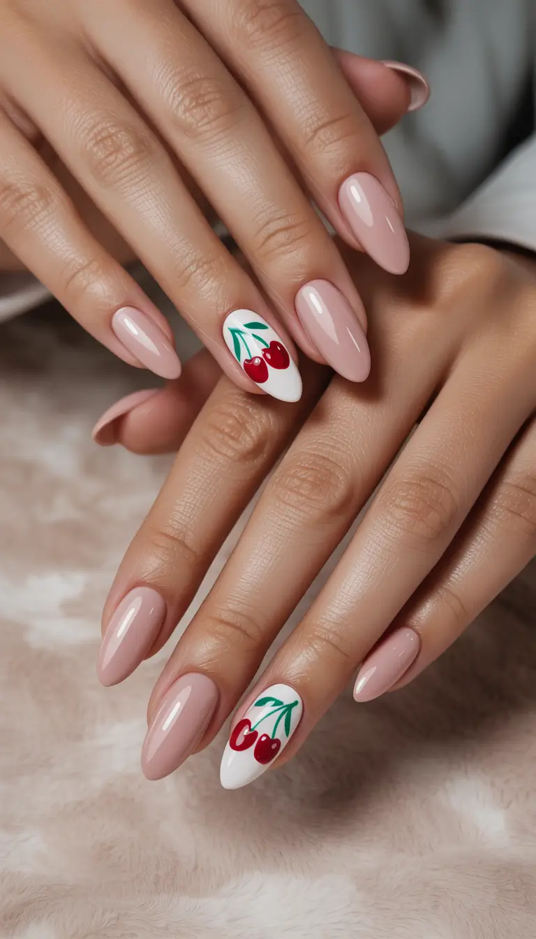 cute nails Minimal nude with a single cherry accent