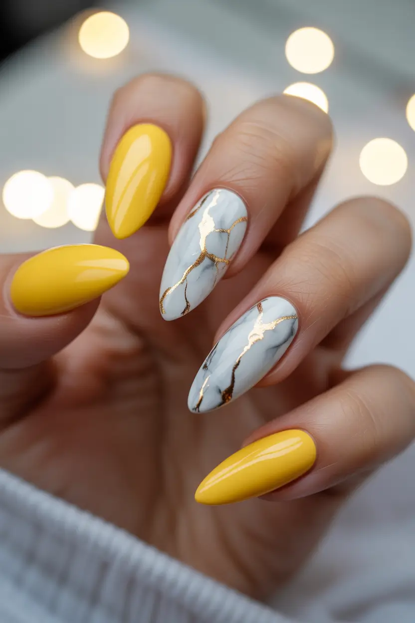 nails desig Sunlit Marble with Golden Veins