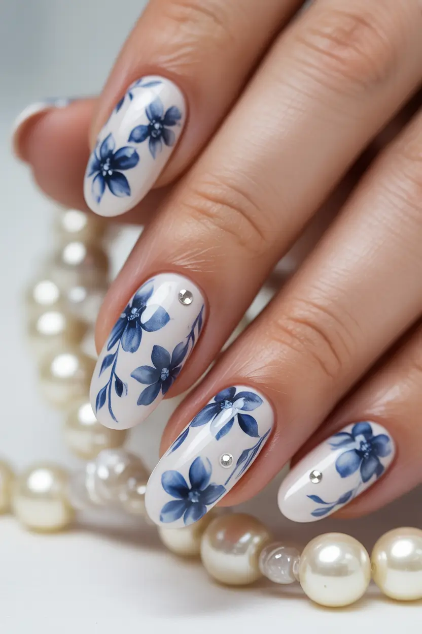 nails desig Delicate Blue Floral Porcelain Nails