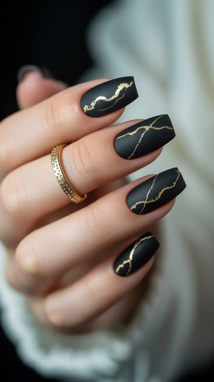 nails desig Matte Black with Gold Vein Details