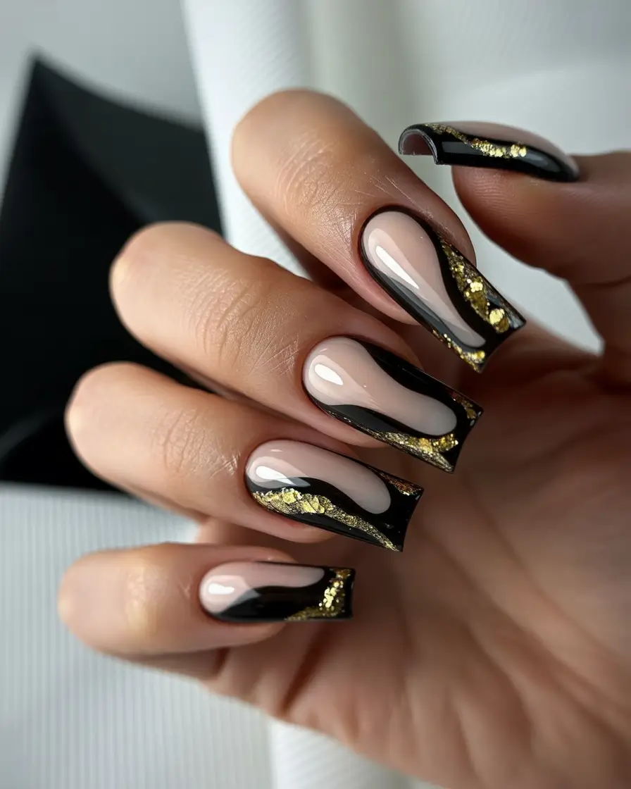 nails desig Black Frame Nude with Gold Flicker
